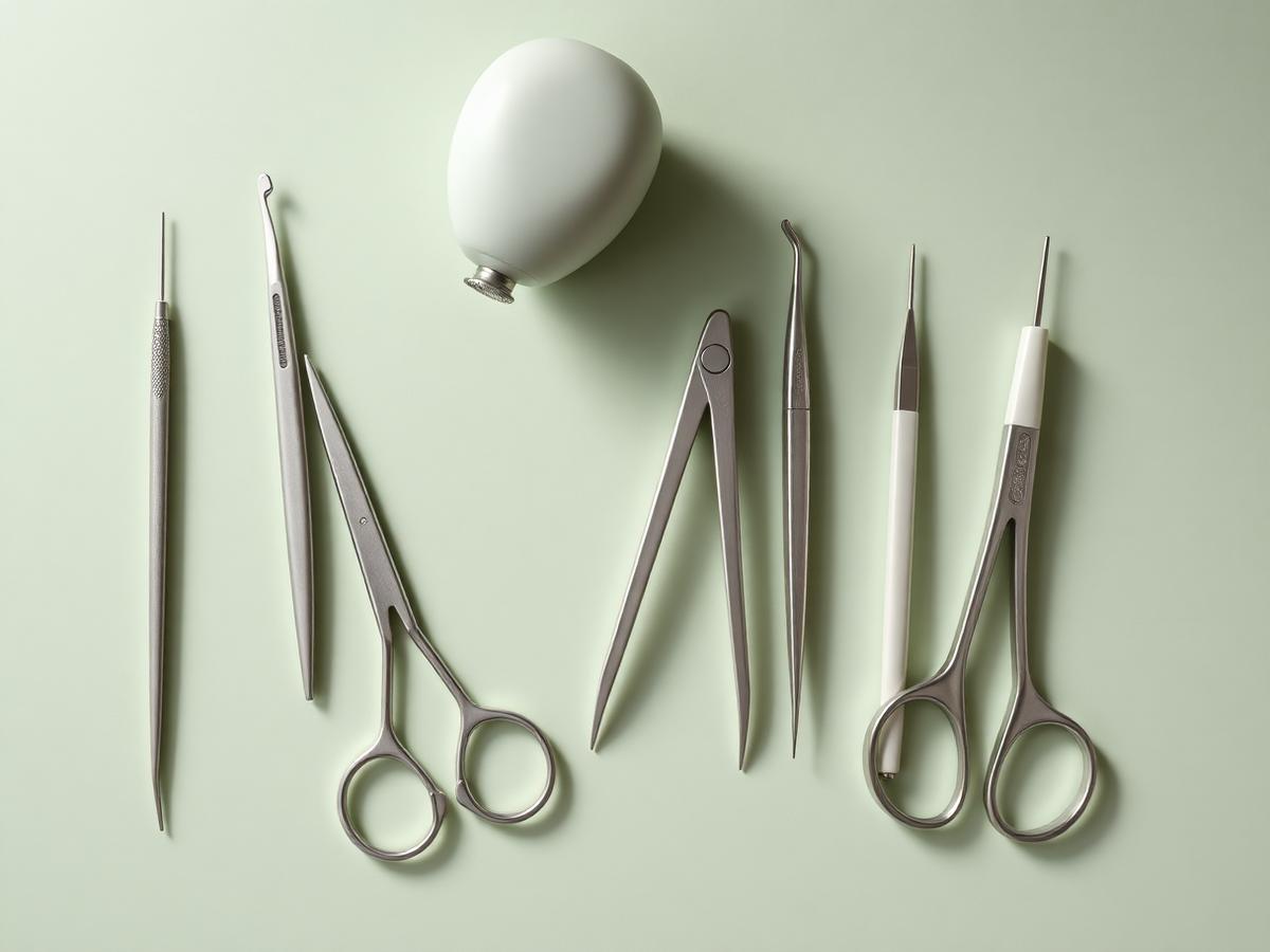 Dental instruments arranged on a sage surface
